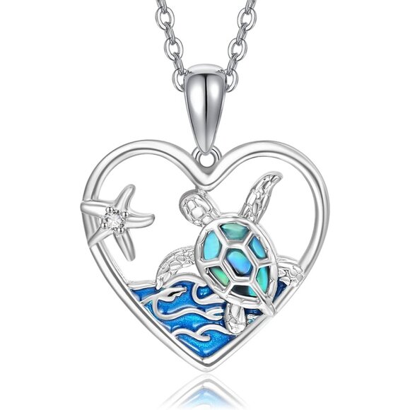 925 Sterling Silver Sea Turtle Necklace with Waves and Zircon Detail Adjustable